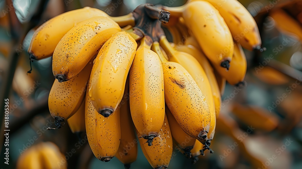 A close-up of a ripe banana hanging on a tree. A close-up of a ripe banana hanging on a tree.