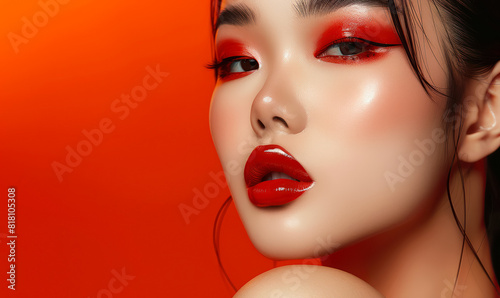striking portrait of an Asian woman with red makeup on a vibrant background with copy space for text