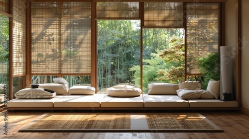 High-detail photo of a Japanese-style living room with a low-profile sofa, floor cushions, and a bamboo floor