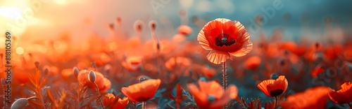 Beautiful nature background with red poppy flower poppy in the sunset in the field. Remembrance day, Veterans day, lest we forget concept photo