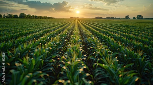 A field of green corn stretching to the horizon. photo