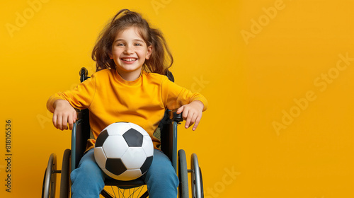 joyful young girl in wheelchair holding a soccer ball on yellow background with space for text