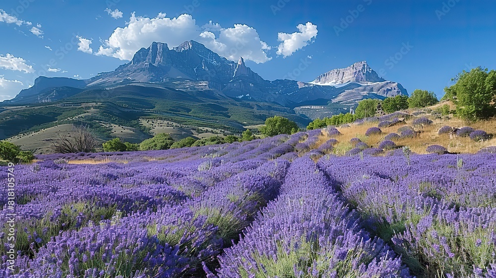 A picturesque field of lavender with a mountain range in the background. A picturesque field of lavender with a mountain range in the background.