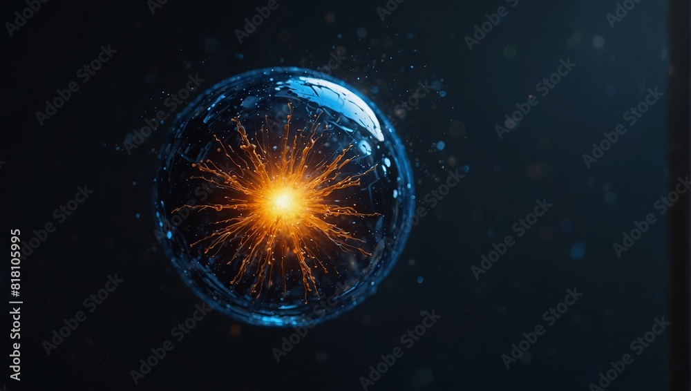 Obraz premium Abstract art with a vivid sun-like orb contrasting against a deep blue canvas, showcasing emotion and dynamism.