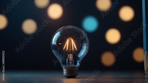 A light bulb is on a blue background with a pencil. Scene is bright and creative. photo
