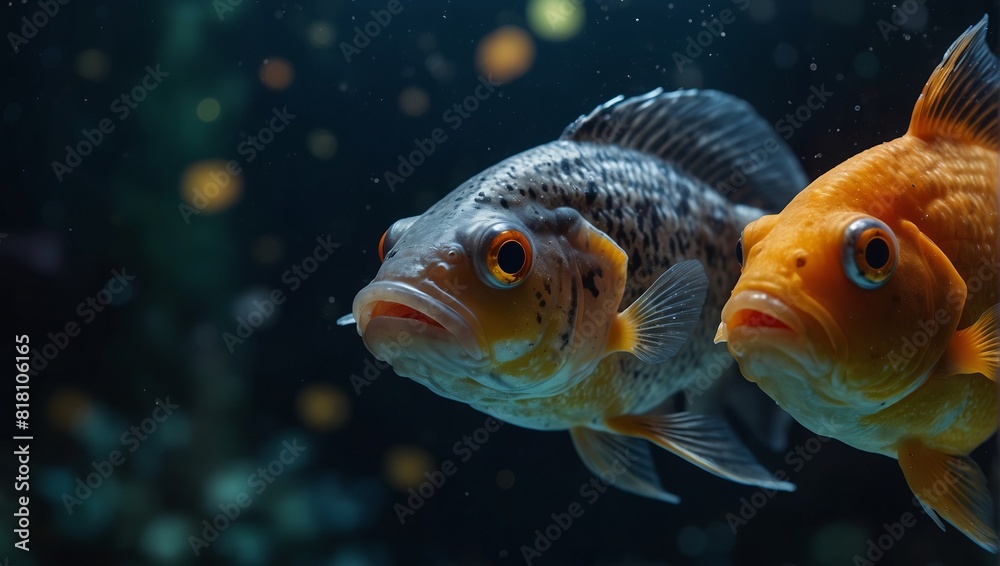 Fototapeta premium Close-up of a fish with his mouth and eyes wide open. Goldfish swimming in a aquarium representing aquatic, underwater life and wildlife.