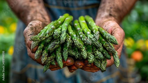 A farmer's hands holding a bundle of fresh asparagus spears. photo