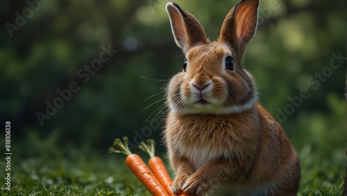 Charming rabbit with expressive eyes joyfully holding a fresh carrot, set against a serene green backdrop. Perfect for Easter, children's content, and healthy eating promotions. photo
