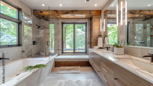 High-detail photo of a modern bathroom with a large mirror  floating vanity  and elegant design