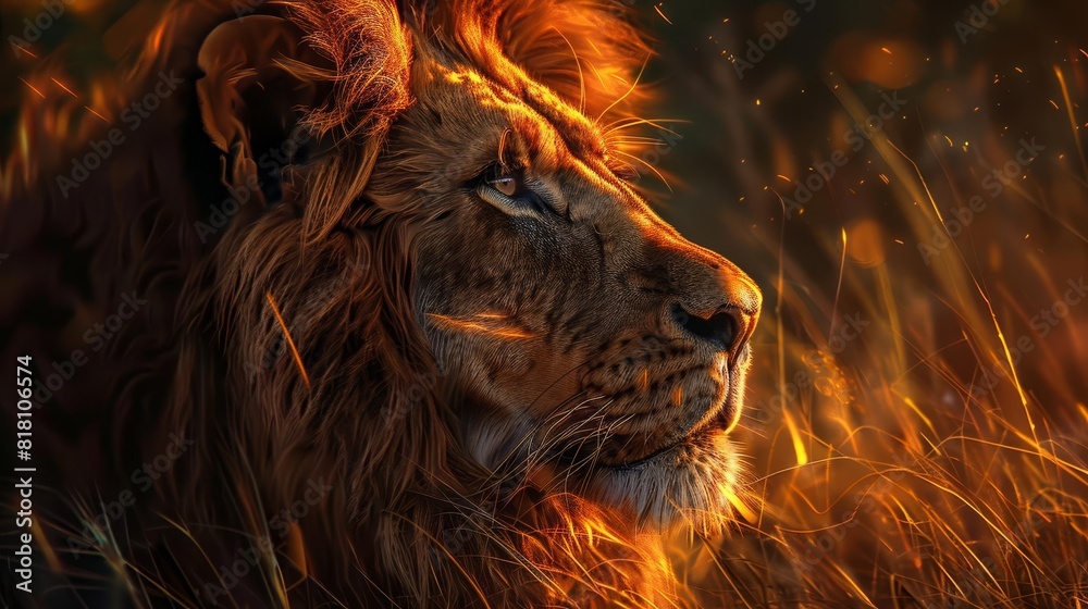 Naklejka premium pensive lion gazing into the distance majestic wildlife portrait powerful serenity introspective moment golden hour lighting photorealistic digital painting