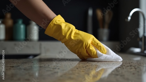 Hand in yellow cleaning gloves wiping a kitchen countertop with a white cloth, clean and tidy space.