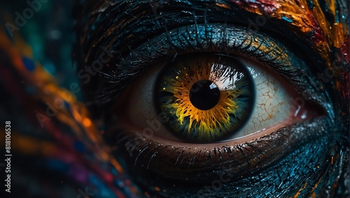 Luminous eye captured amidst a cascade of textured paint strokes, portraying the blend of nature's beauty and abstract artistry in a harmonious dance of colors. photo