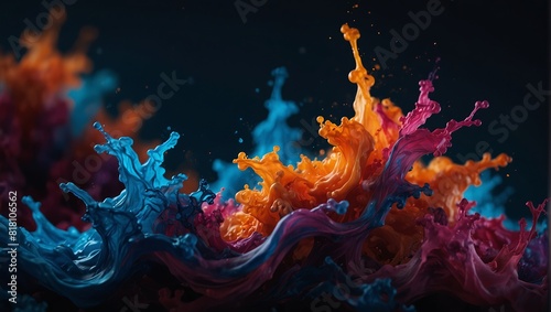 Mesmerizing dance of inks in azure, tangerine, and magenta hues, illustrating fluid elegance and energy. photo
