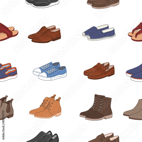 Men's shoes collection. Various types of male shoes casual boots, sneakers, formal shoes, vector seamless pattern background.