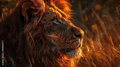 pensive lion gazing into the distance majestic wildlife portrait powerful serenity introspective moment golden hour lighting photorealistic digital painting