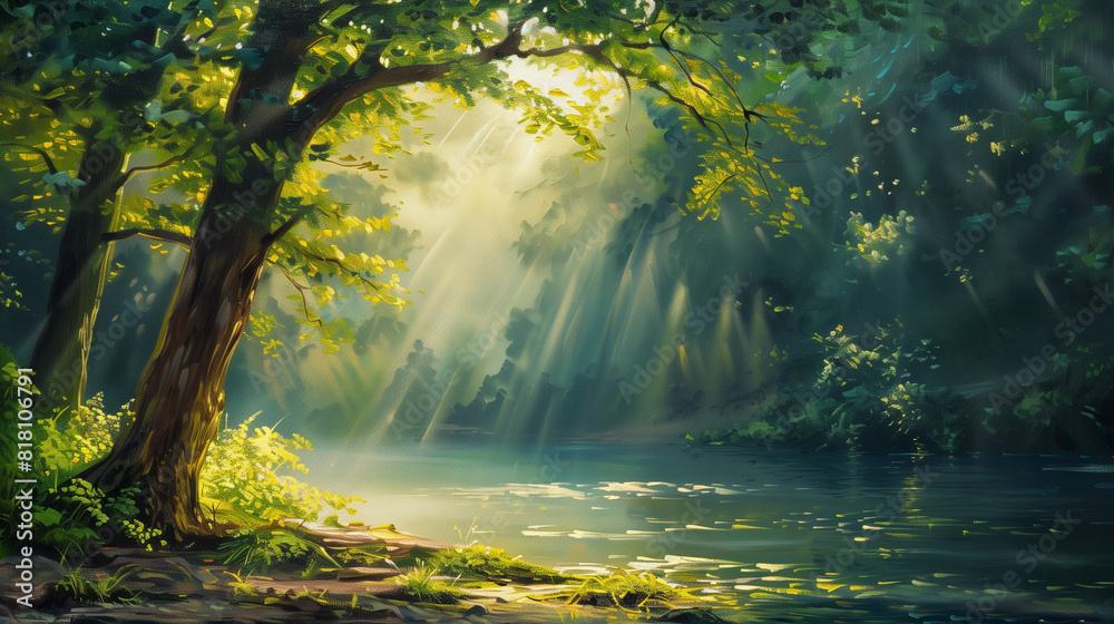oil painting of sunlight in the forest, river, summer trees with sun rays and misty water surface, Generative AI