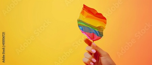 Abstract background. Hand holding a wooden stick with a rainbow striped cloth. Celebrating Pride Month LGBTQ on an isolated background, gradient orange to yellow.