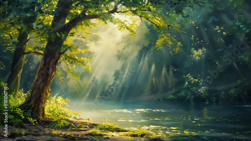 oil painting of sunlight in the forest  river  summer trees with sun rays and misty water surface  Generative AI