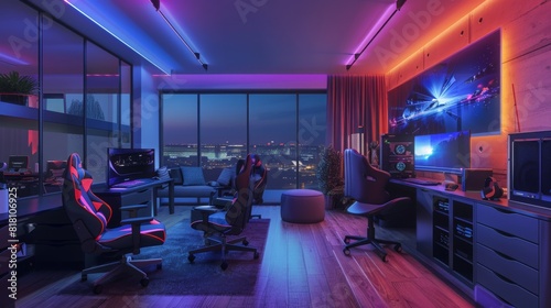 A gaming room featuring colorful lights and a desk. The room is set up for gaming with a vibrant ambiance.