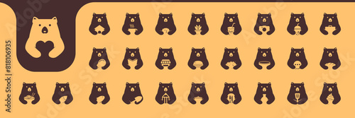 grizzly bear cute flat modern mascot cartoon icon set collection vector design