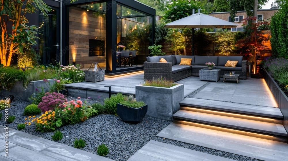 High-detail photo of a modern garden with a stylish outdoor lounge, concrete planters, and ambient lighting
