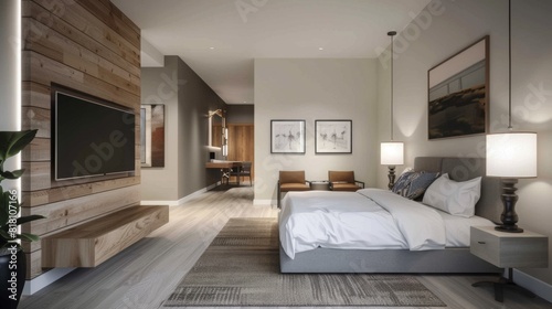 A stylish bedroom features a large bed with neutral bedding, wooden accent wall, mounted TV, and cozy lighting, illuminated by afternoon light. Two framed pictures and a plant add aesthetic appeal.