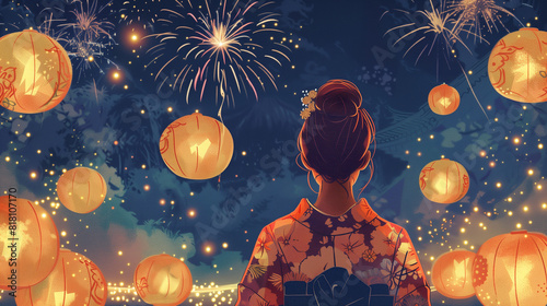 Background of a woman in yukata with fireworks in summer
