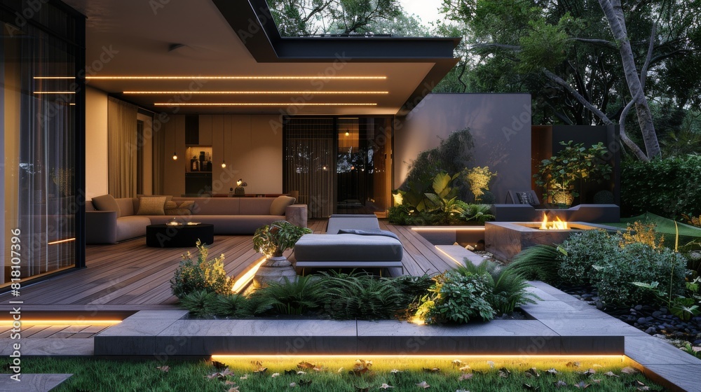 Obraz premium High-detail photo of a modern home garden with a chic outdoor lounge, sleek planters, and integrated lighting