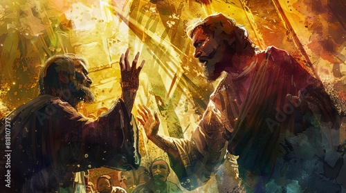 powerful biblical scene of peter proclaiming jesus as christ fervent expression dramatic lighting rich colors digital watercolor painting illustration