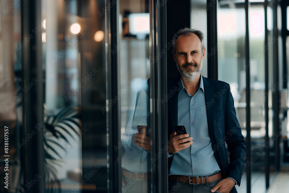 A happy businessman in an office suit stands in the office with phone. Smiling businessman, professional executive manager A happy businessman in an office suit stands in the office with phone. Smiling businessman, professional executive manager