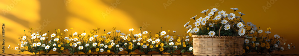 White flowers in wooden basket on yellow spring background 3D Rendering 