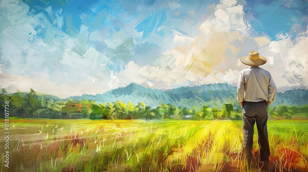 proud farmer surveying thriving crop fields agricultural success concept oil painting style proud farmer surveying thriving crop fields agricultural success concept oil painting style