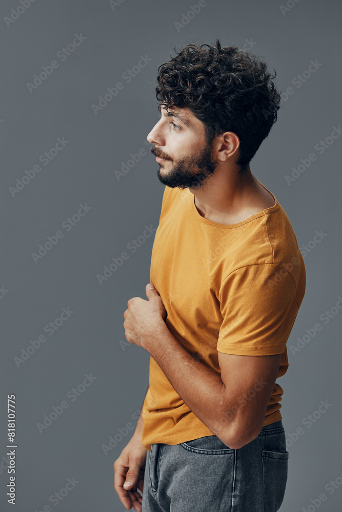 Obraz premium Background portrait isolated guy beard men casual person studio caucasian expression face attractive young adult
