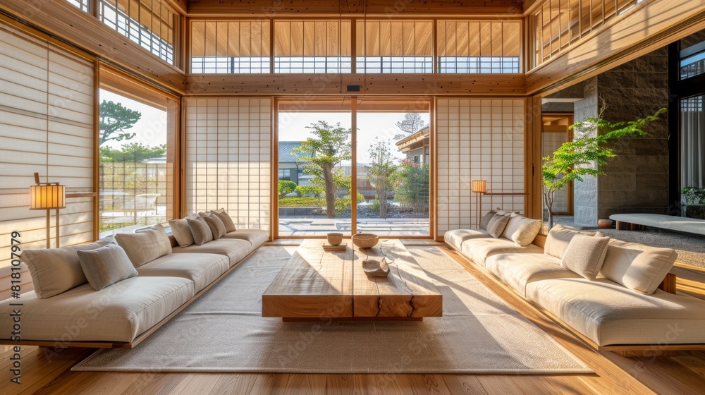 Naklejka premium High-detail photo of a modern Japanese-style living room with low wooden furniture and shoji screens