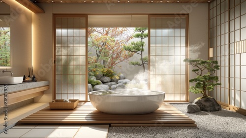 High-detail photo of a modern Japanese-style bathroom with a deep soaking tub and shoji screen partitions © G.Go
