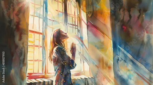 radiant christian woman in prayer sunbeams streaming through church window spiritual watercolor painting