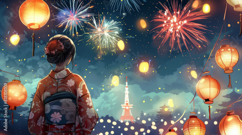 Background of a woman in yukata with fireworks in summer photo