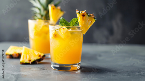 Glasses of tasty fresh pineapple cocktail on grey background