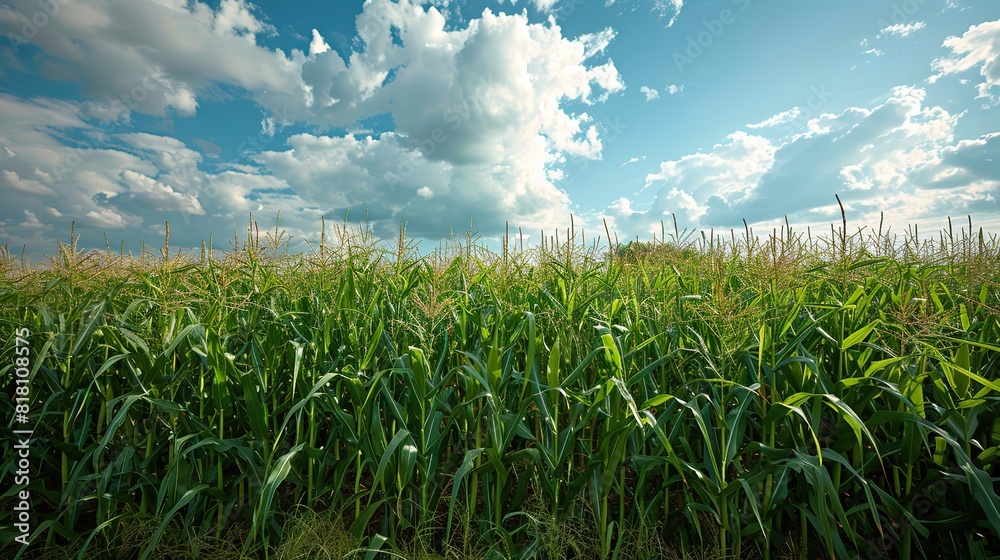 Fototapeta premium A field of tall, green corn under a bright blue sky.