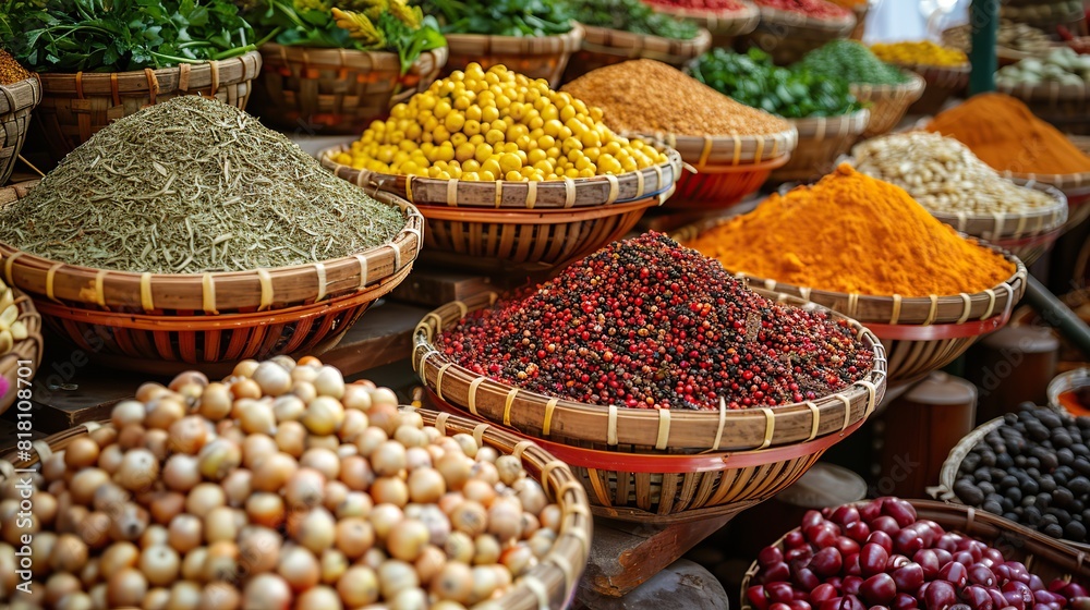 A farmer's market stand with baskets of fresh herbs and spices. A farmer's market stand with baskets of fresh herbs and spices.