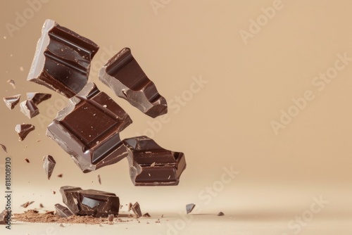 A close up of chocolate pieces in the air. Advertising shot on beige background with copy space.