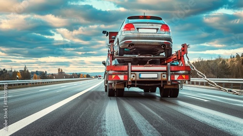 roadside assistance generic unidentifiable car loaded on tow truck driving on highway for repairs wide banner photo