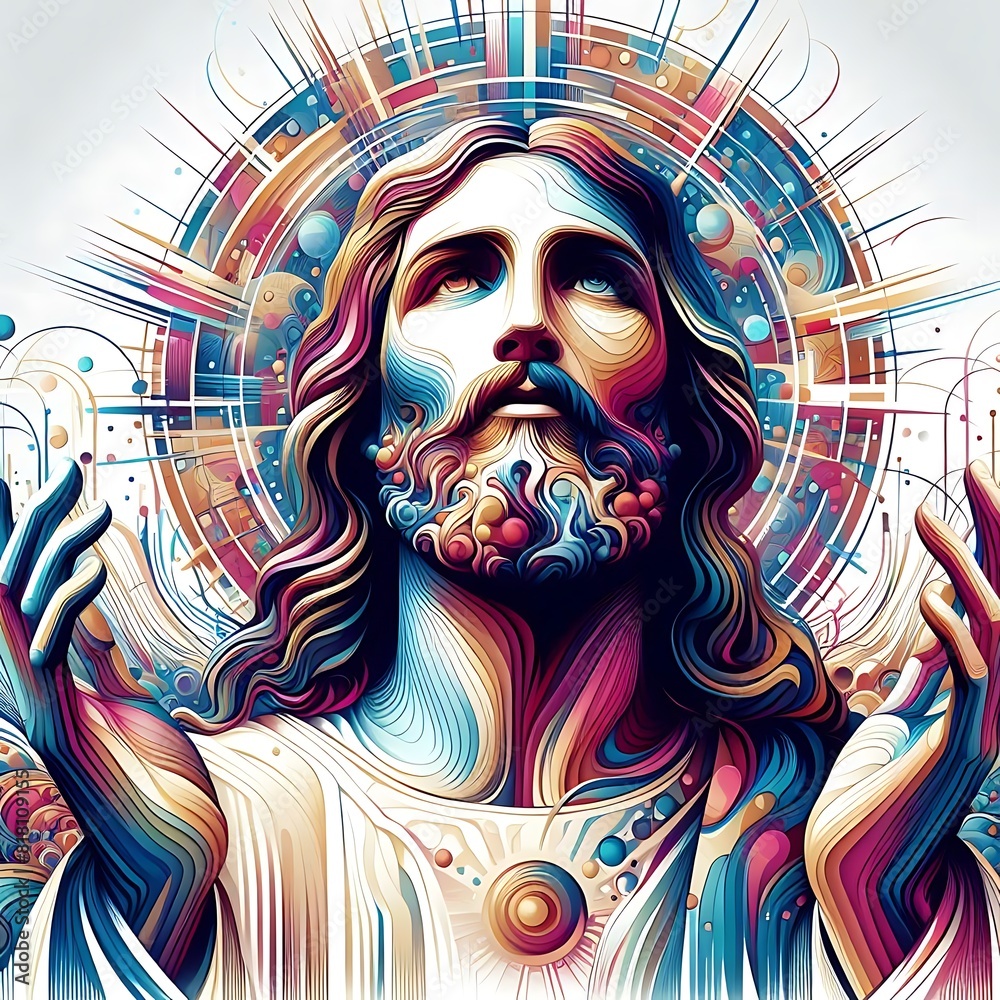 A colorful artwork of a jesus christ with his hands up has illustrative art attractive.