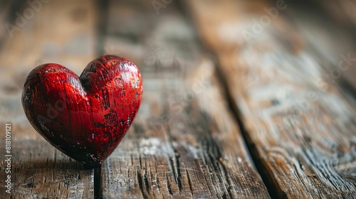 romantic red heart on rustic wooden table with copy space valentines day background