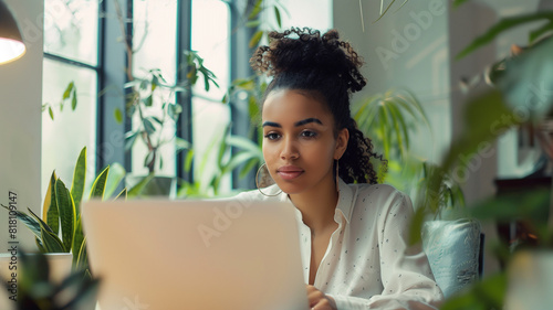 Young african american woman working on laptop at home