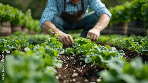 A farmer tending to rows of young lettuce plants in a field.