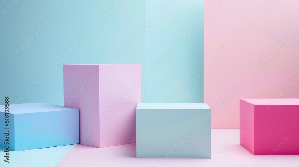 A colorful display of pink, blue, and green cubes arranged in a row A colorful display of pink, blue, and green cubes arranged in a row
