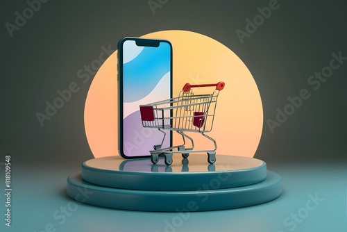Smartphone on platform with shopping cart, symbolizing online shopping convenience and accessibility photo