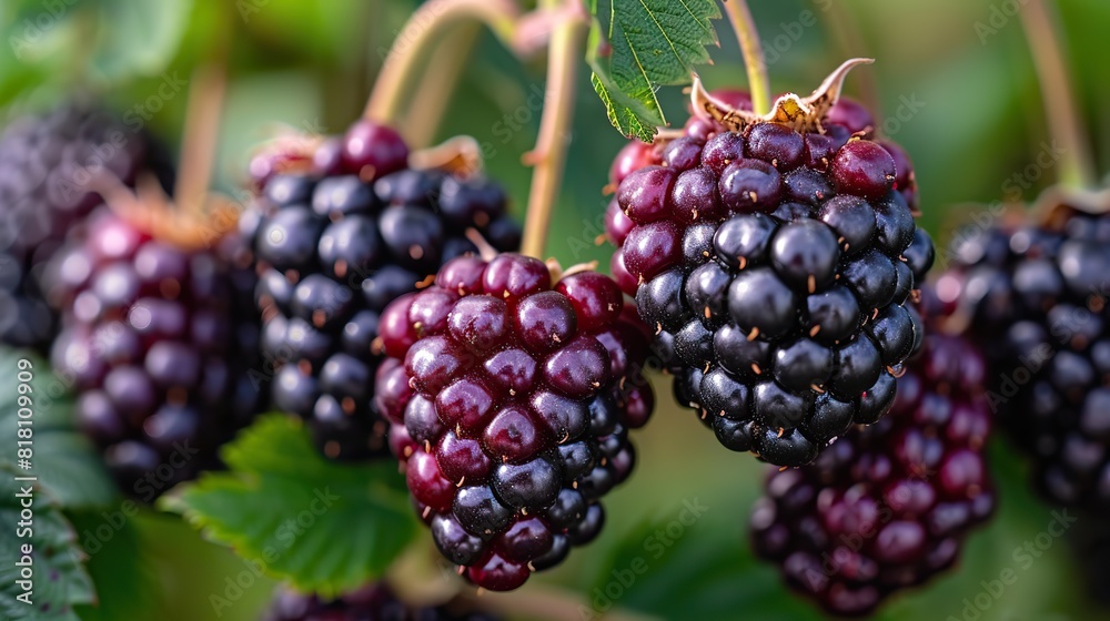 A close-up of ripe blackberries on the vine. A close-up of ripe blackberries on the vine.