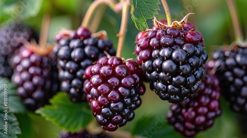 A close-up of ripe blackberries on the vine.